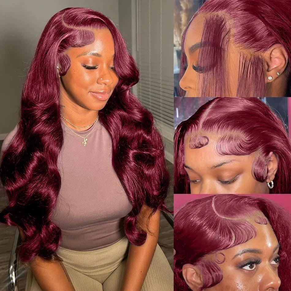 200% Density 99J Burgundy Lace Front Human Hair Wig 13x6 Body Wave Brazilian Remy Deep Part On Sale