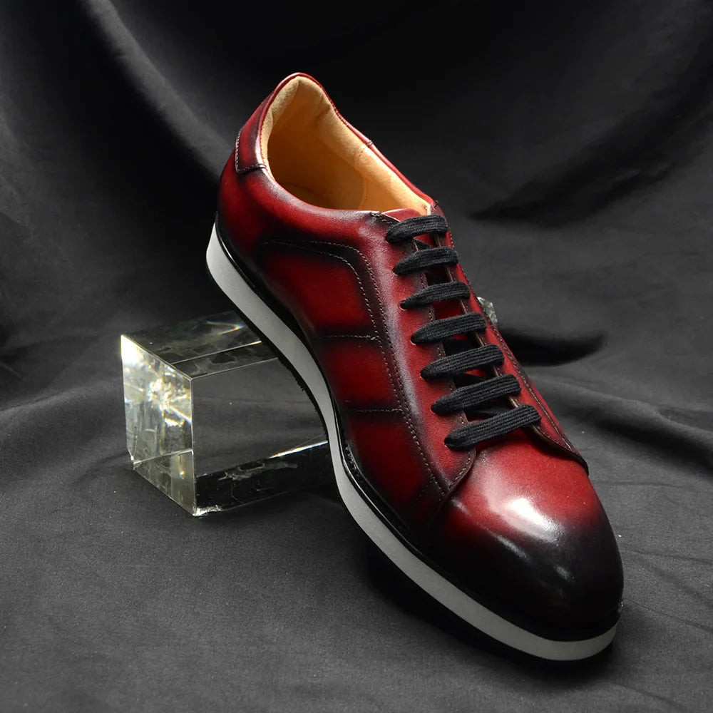 Men's Casual Dress Sneakers | Genuine Leather Hand-Painted Derby Skateboard Shoes (Black, Red)