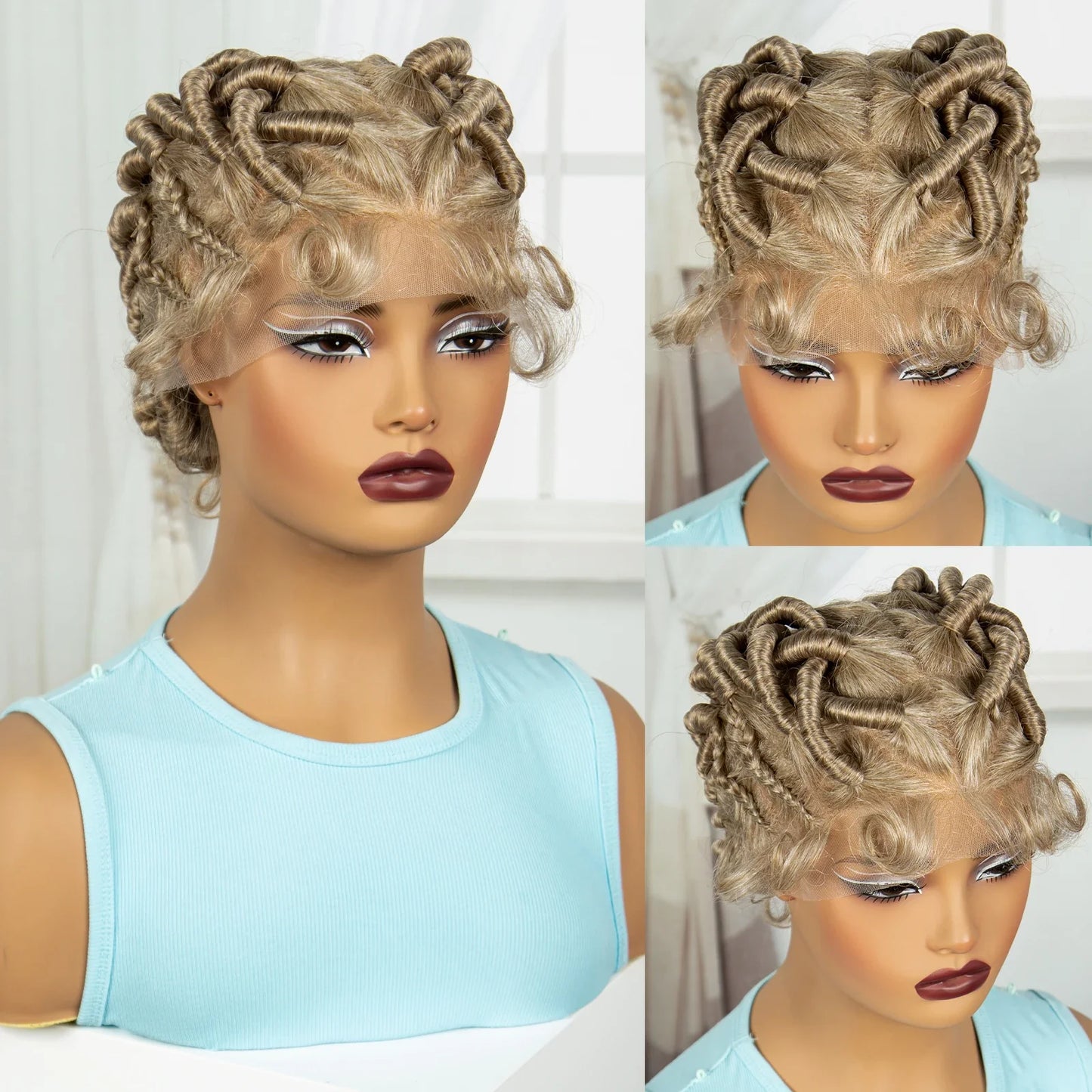 Burgundy Full Lace Synthetic Braided Wig | Knotless Box Braids & Bantu Knots | Lace Front Wig with Baby Hair for Black Women