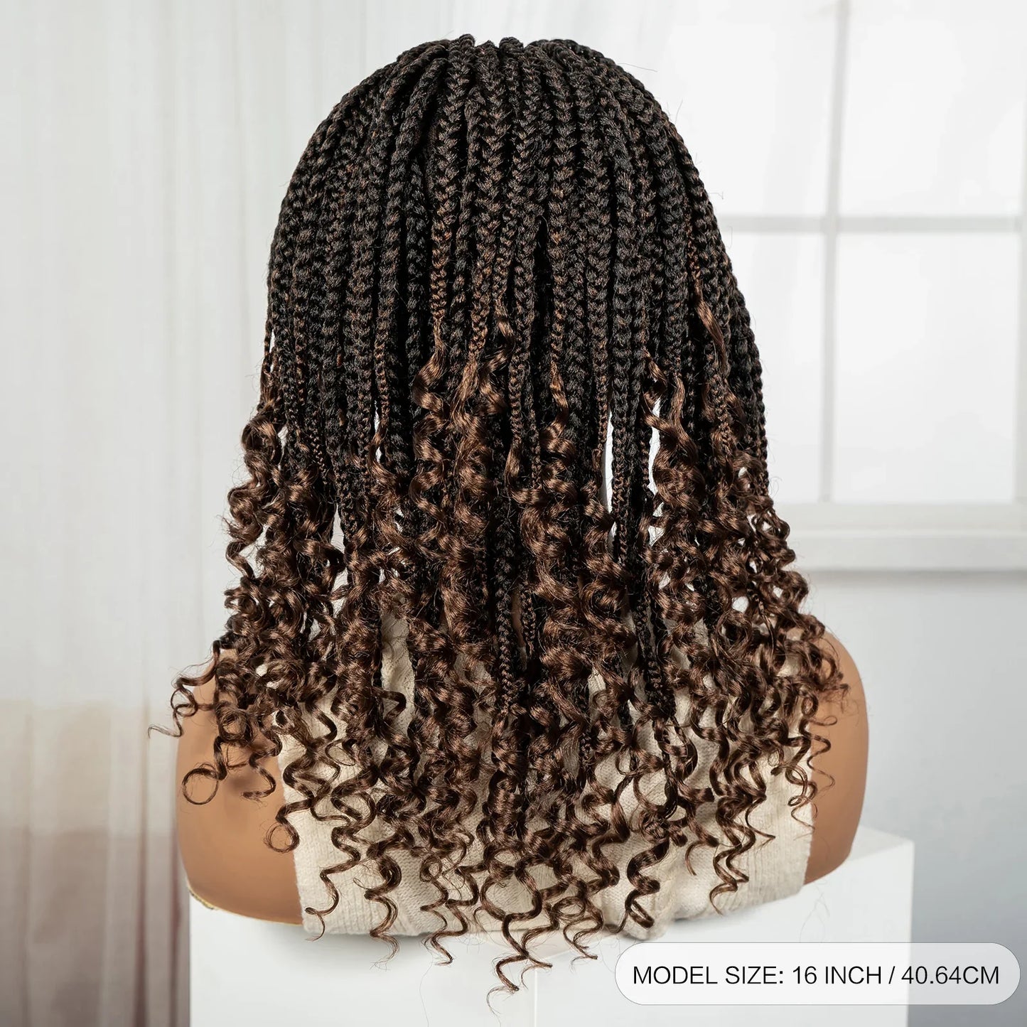 Short Ombre Boho Knotless Braids Bob Wig with Curly Ends | Full Lace