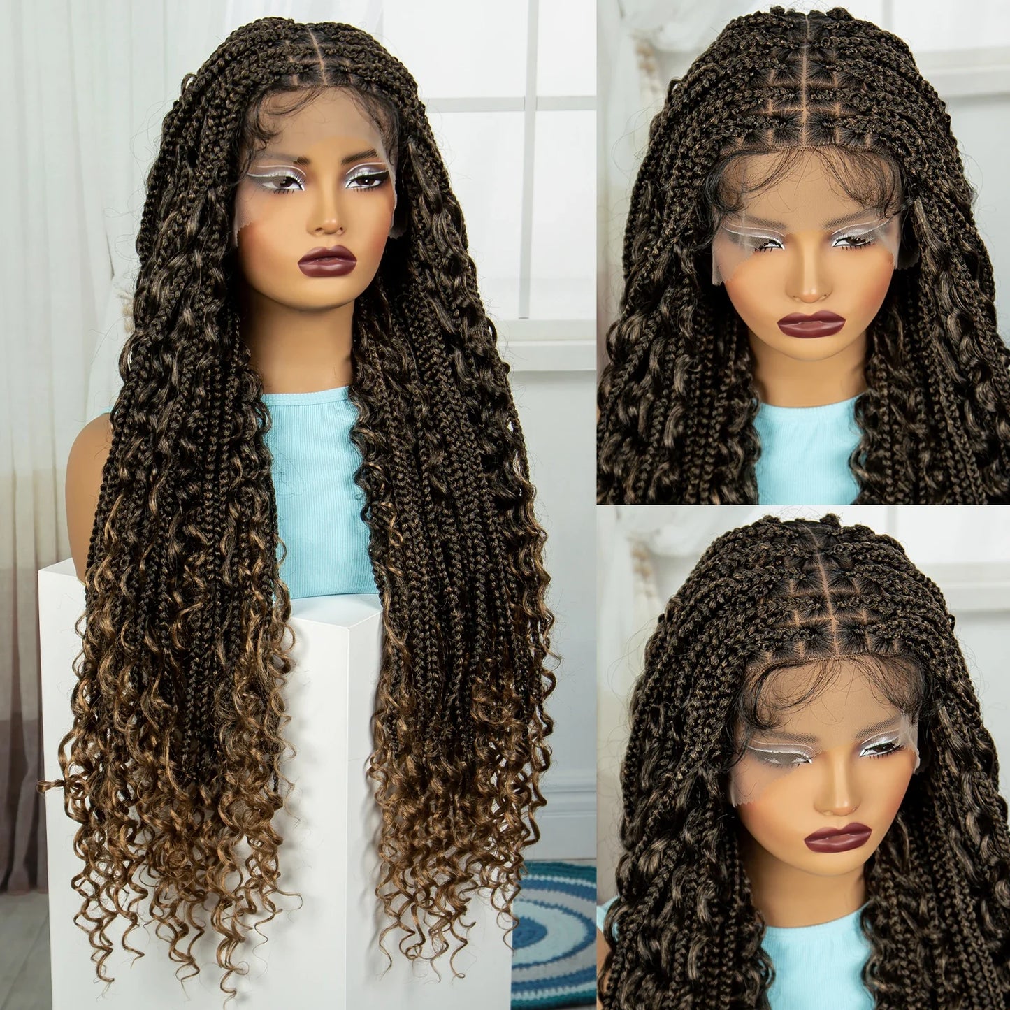 Ombre Knotless Braids Wig | Curly Ends | Full Lace | Baby Hair | Handmade