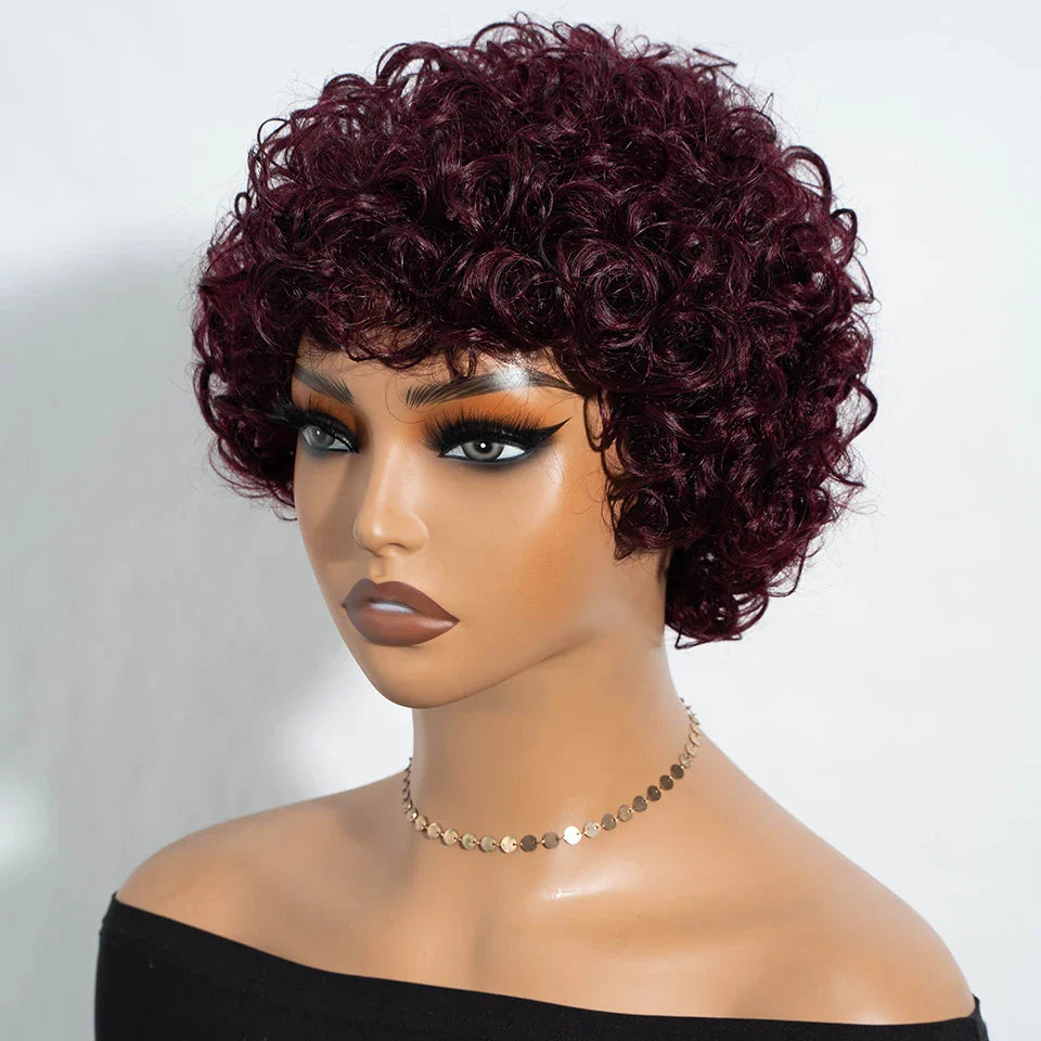 Sleek Peruvian Afro Kinky Curly Pixie Wig | Glueless Natural Brown Human Hair with Bangs