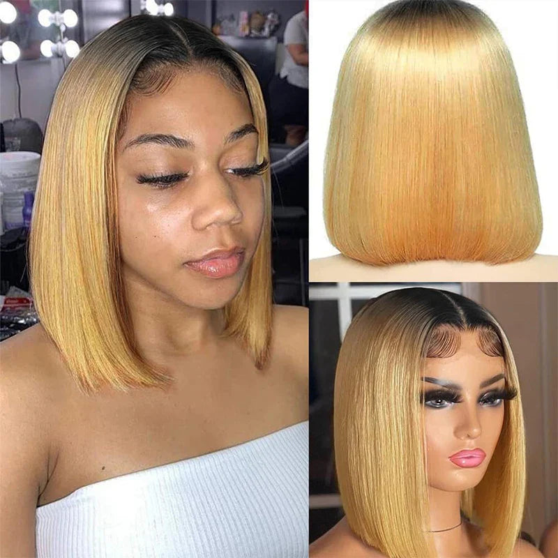 Ombre 1B/27 Straight Bob Lace Front Human Hair Wig | 13x4 Transparent Lace | Pre-Plucked