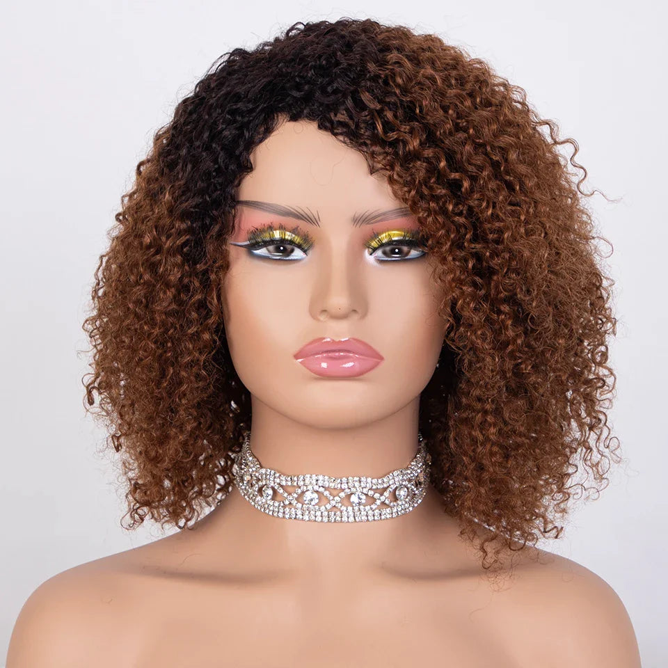Sleek Ombre Highlight Kinky Curly Human Hair Wig | Peruvian Curly Bob