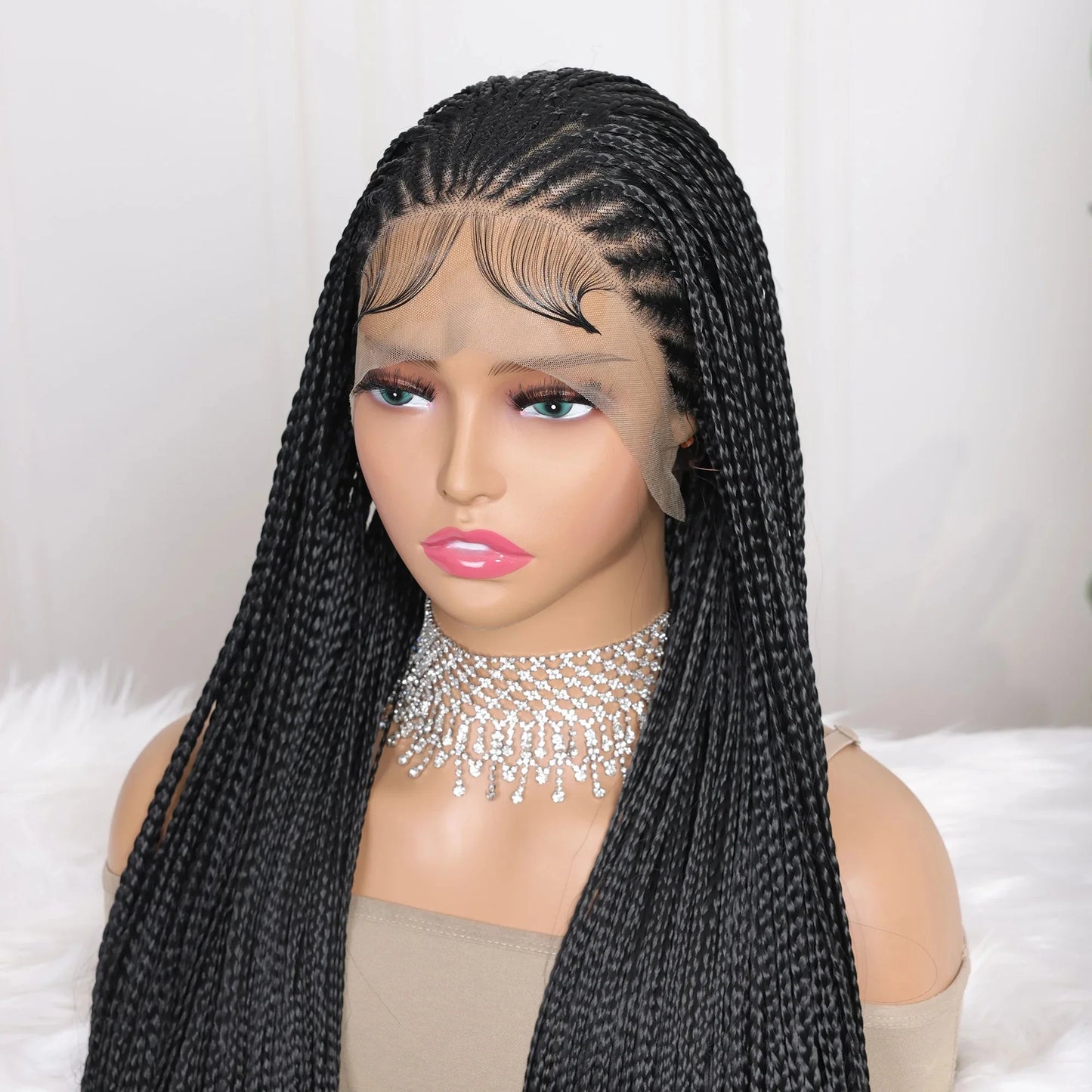 13x4 Goddess Faux Locs Braided Wig | Knotless Twist Box Braids | Long Synthetic Lace Front | Bleached Knots