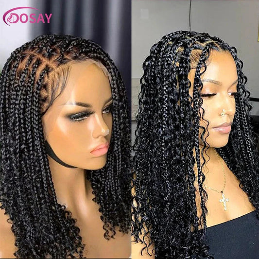 12" Curly Boho Braids Bob Wig | 360 Full Lace | Knotless Box Braids | Baby Hair