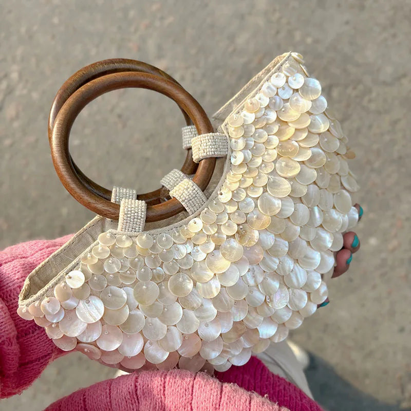 NEW Wood Top-Handle White Crystal Clutch Bag | High Quality Women's Wedding Hand Woven Handbags & Fashion Bags