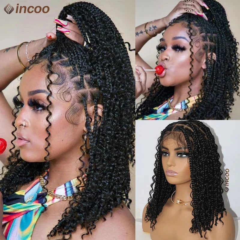 12" Boho Box Braid Lace Front Wig | Knotless | Curly Ends | Pre-Plucked | Synthetic Summer Wig