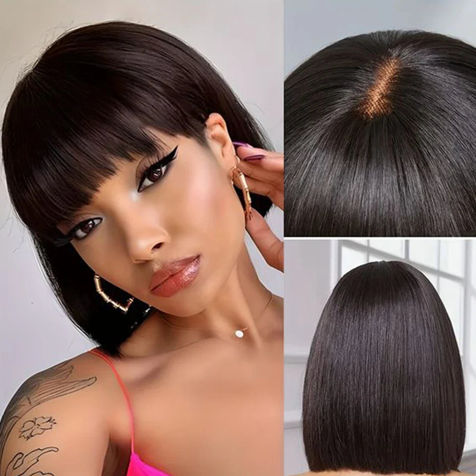Peruvian Straight Bob Lace Wig with Bangs | Middle Part Glueless Human Hair | Realistic Scalp