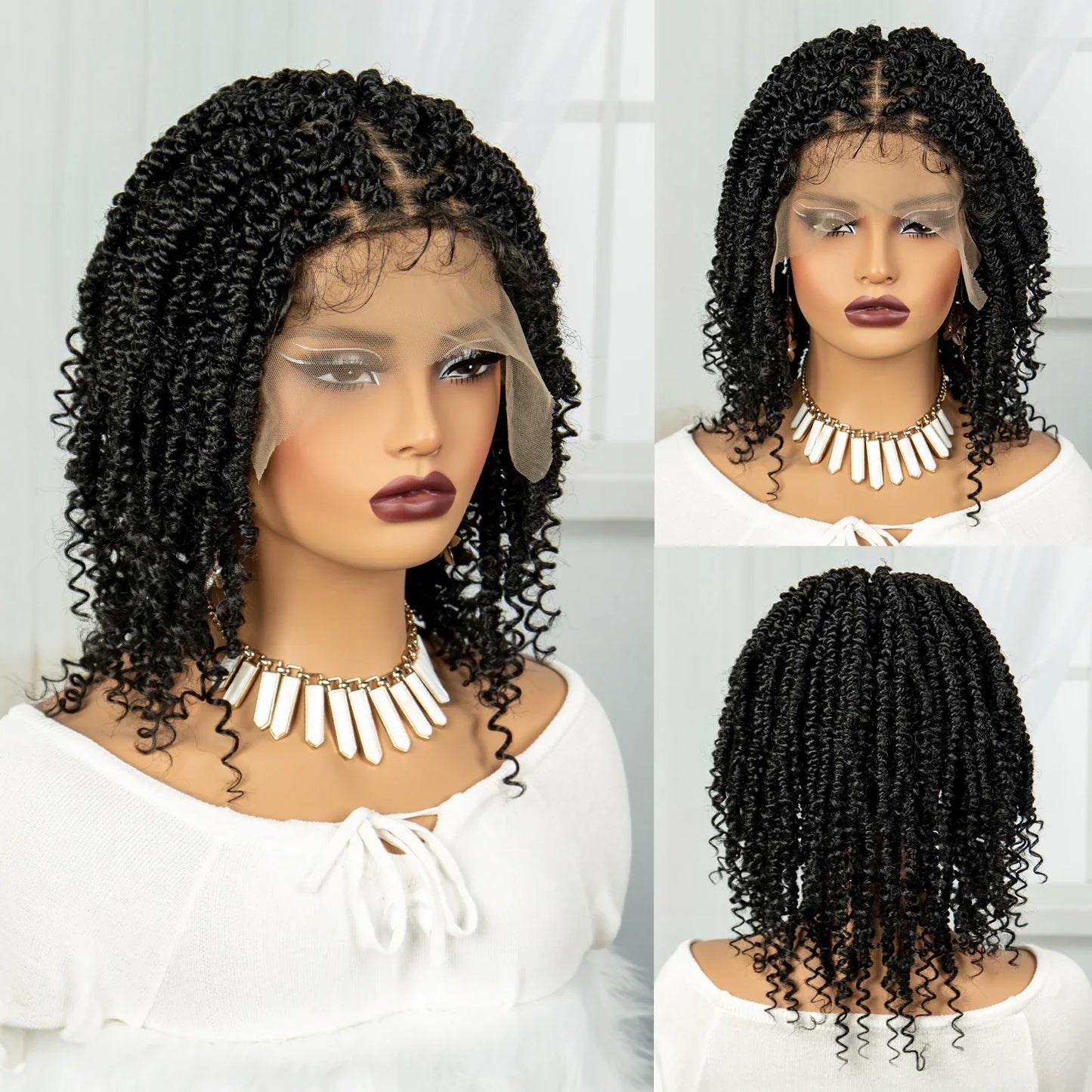 Burgundy Knotless Box Braids Bob Wig with Curly Ends | Lace Front