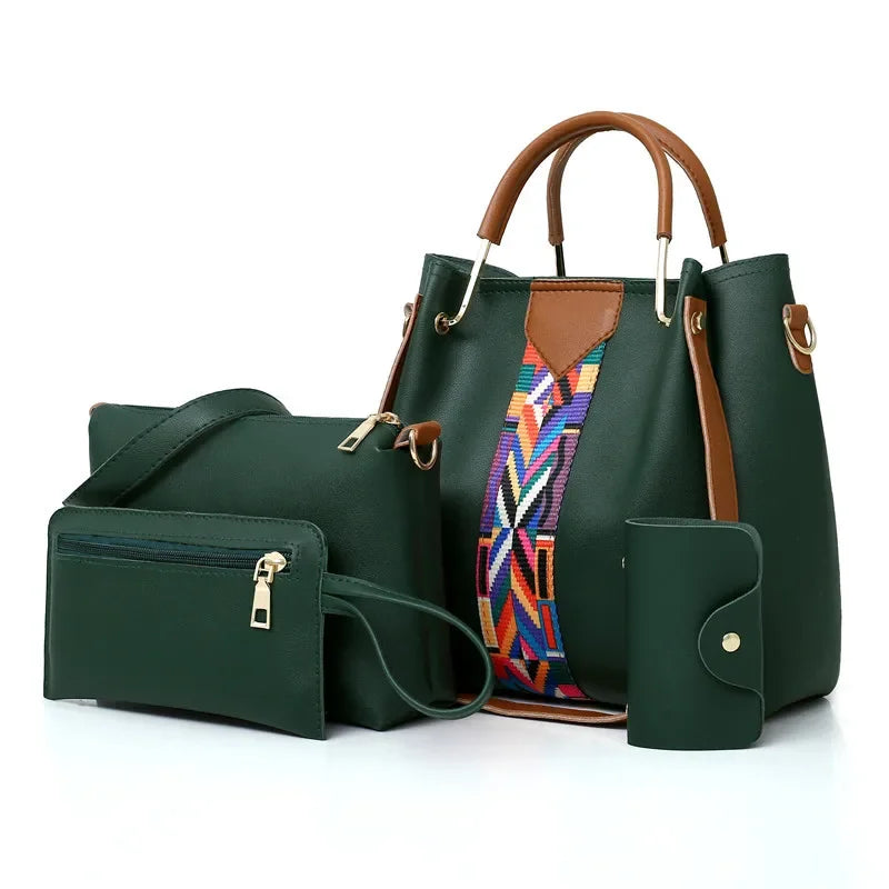 4 Pcs Luxury Handbag Set | Large Capacity Tote Bag, Fashion Shoulder Bag, Wallet & Card Case for Women (Patchwork)