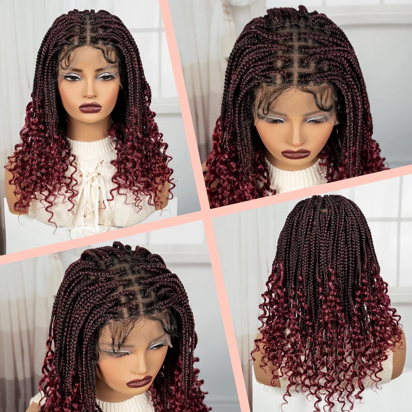 Short Ombre Boho Knotless Braids Bob Wig with Curly Ends | Full Lace