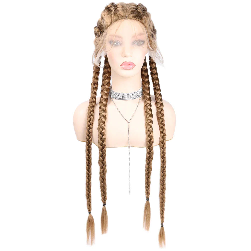 32" Hand-Made Knotless Box Braided Lace Front Wig | French Braid | Baby Hair | Glueless Synthetic Wig