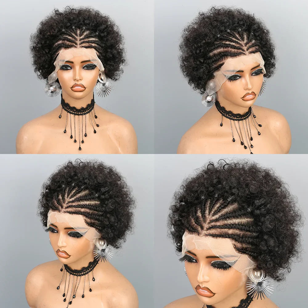 Short Afro Puff Braided Wig | 13x4 Lace Front Human Hair | Pre-Braided Cornrow Wig