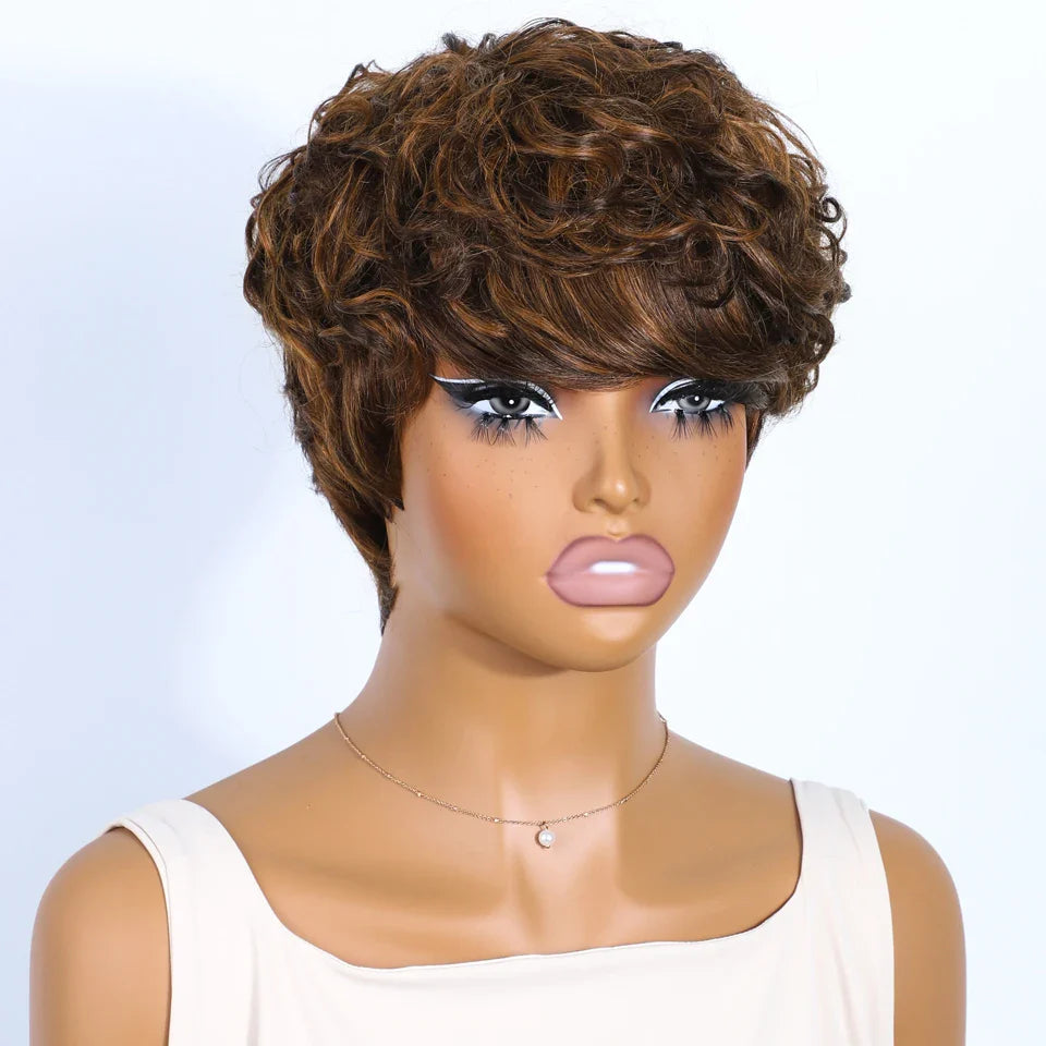 Pixie Short Cut Wavy Curly Human Hair Wig | Brazilian Remy Machine Made Wig for Women
