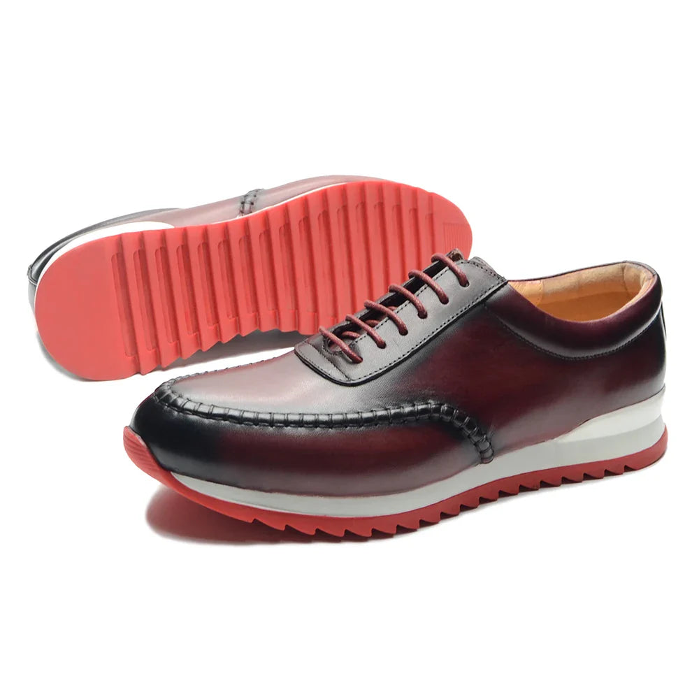 Classy Men's Genuine Leather Low Top Sneakers | Red Bottom Lace-Up Casual Dress Shoes (Breathable)