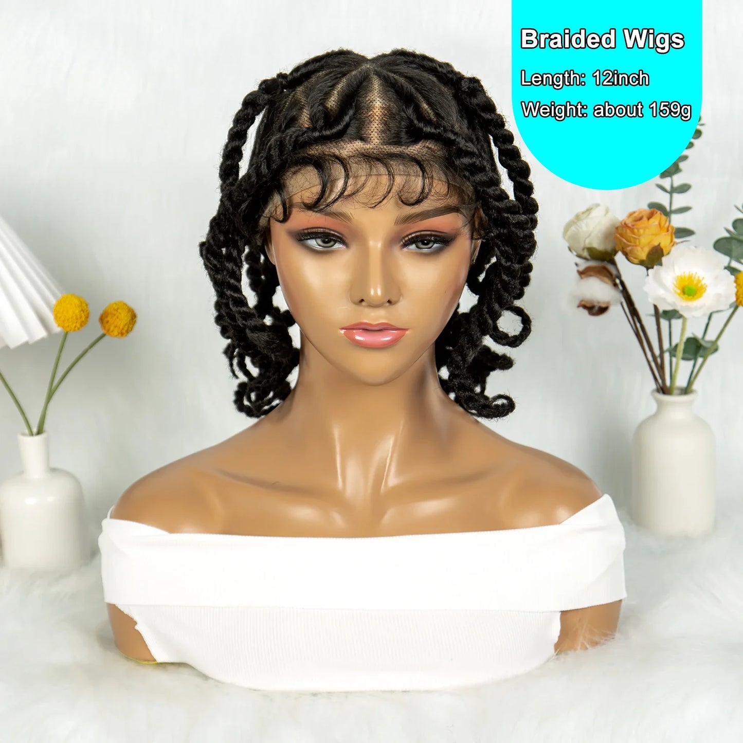 12" Short Box Braided Full Lace Wig | Crochet Braids | Baby Hair | Synthetic Braiding Wig