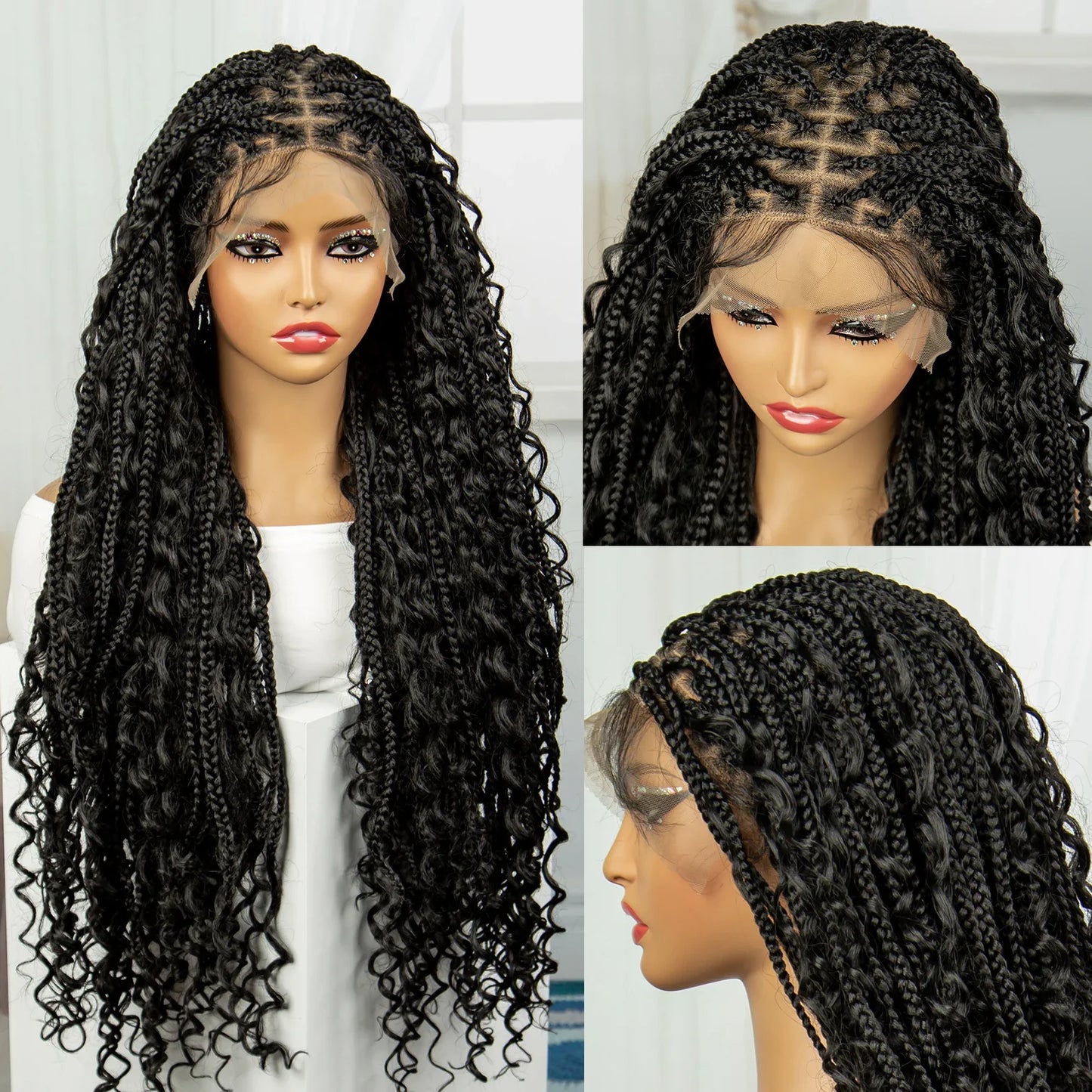 Burgundy Boho Knotless Braids Wig | Curly Ends | Lace Front | Baby Hair