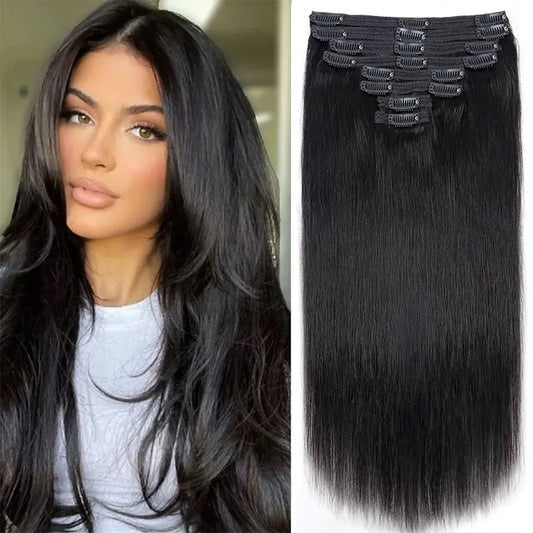 Clip in Hair Extensions Straight with 18 Clips 120G Double Weft Virgin 100% Human Hair Natural Black Color For Women