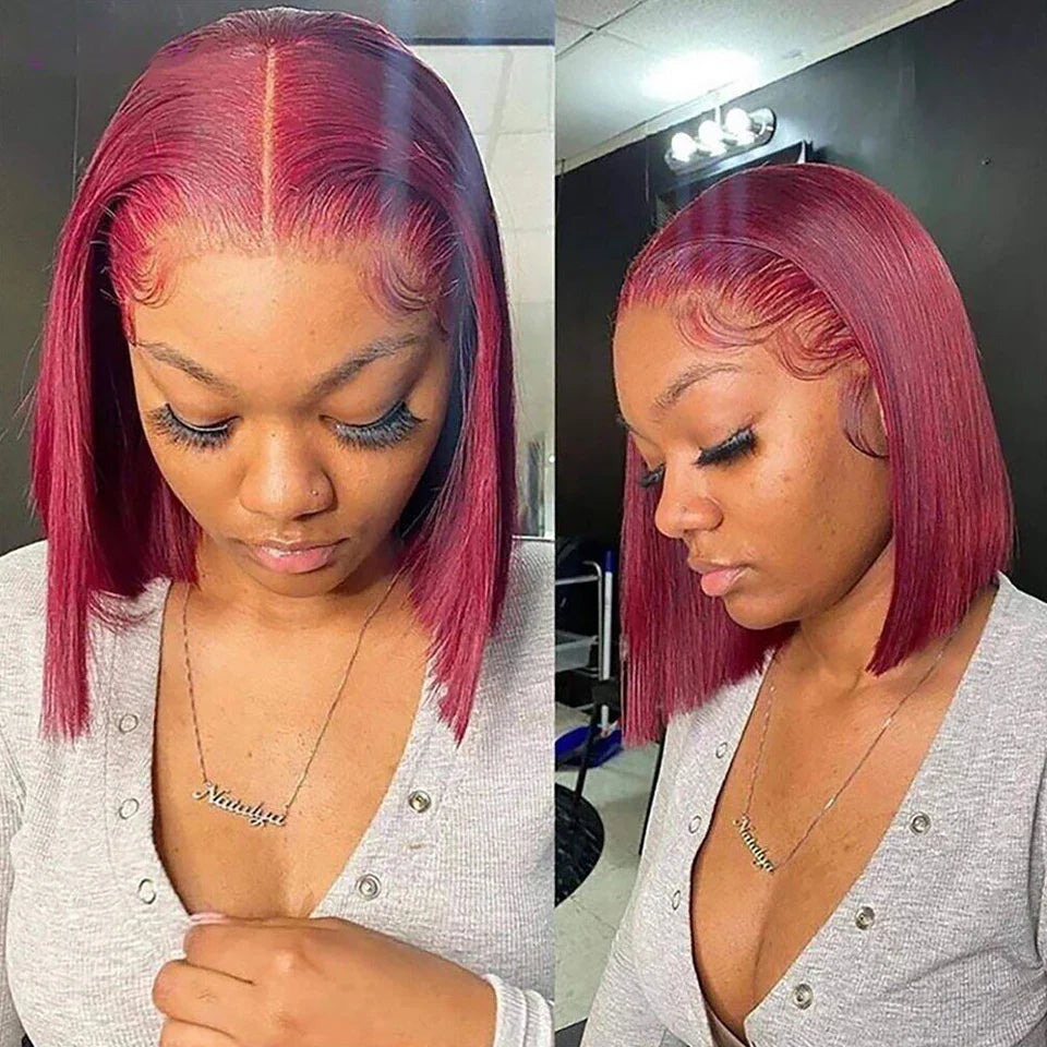 Burgundy HD Transparent Short Bob Wig | 99J Red Straight | 13x6x1 Lace Front Wig | Brazilian Remy Hair | Pre-Plucked
