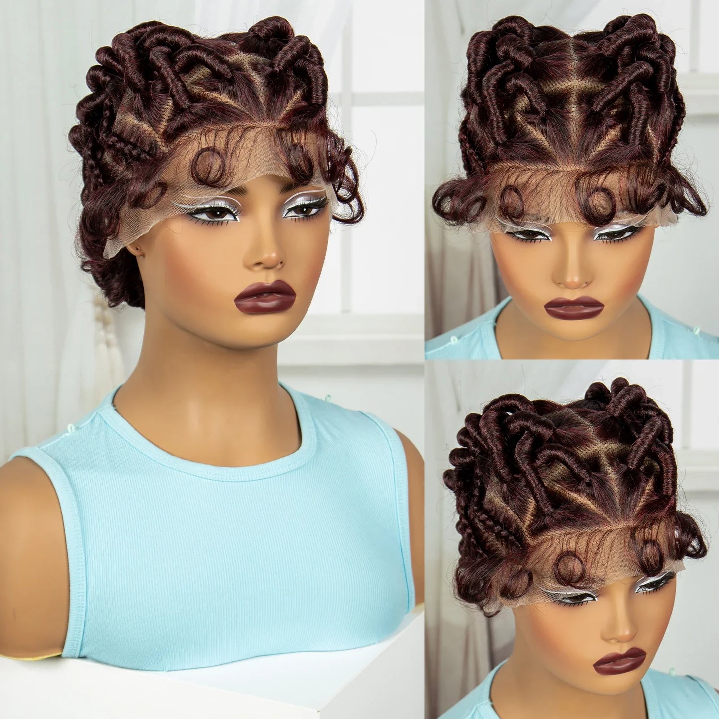 Burgundy Full Lace Synthetic Braided Wig | Knotless Box Braids & Bantu Knots | Lace Front Wig with Baby Hair for Black Women