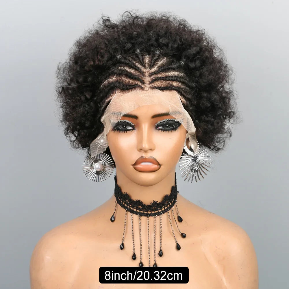 Short Afro Puff Braided Wig | 13x4 Lace Front Human Hair | Pre-Braided Cornrow Wig