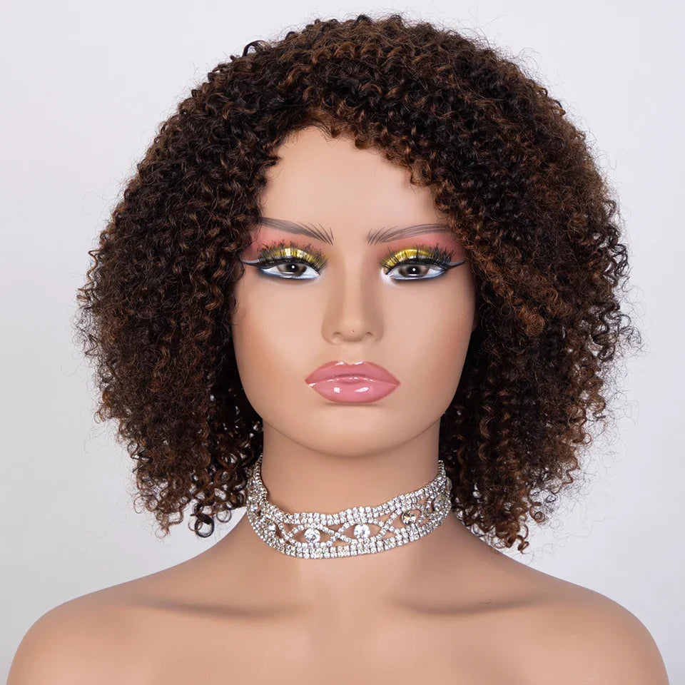 Ombre Highlight Afro Kinky Curly Human Hair Bob Wig | Full Machine Made Peruvian Remy