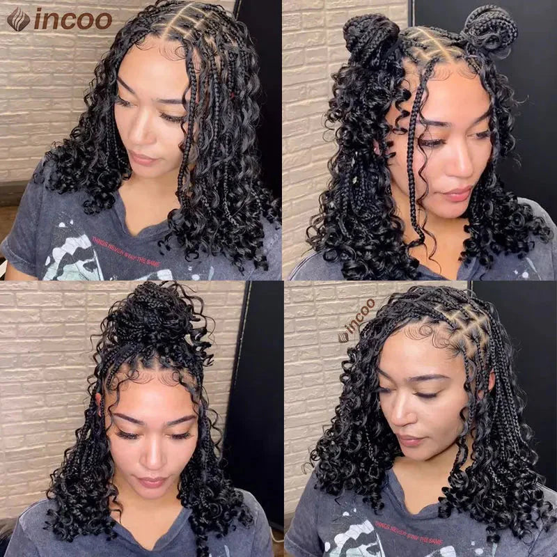 12" Boho Box Braid Lace Front Wig | Knotless | Curly Ends | Pre-Plucked | Synthetic Summer Wig