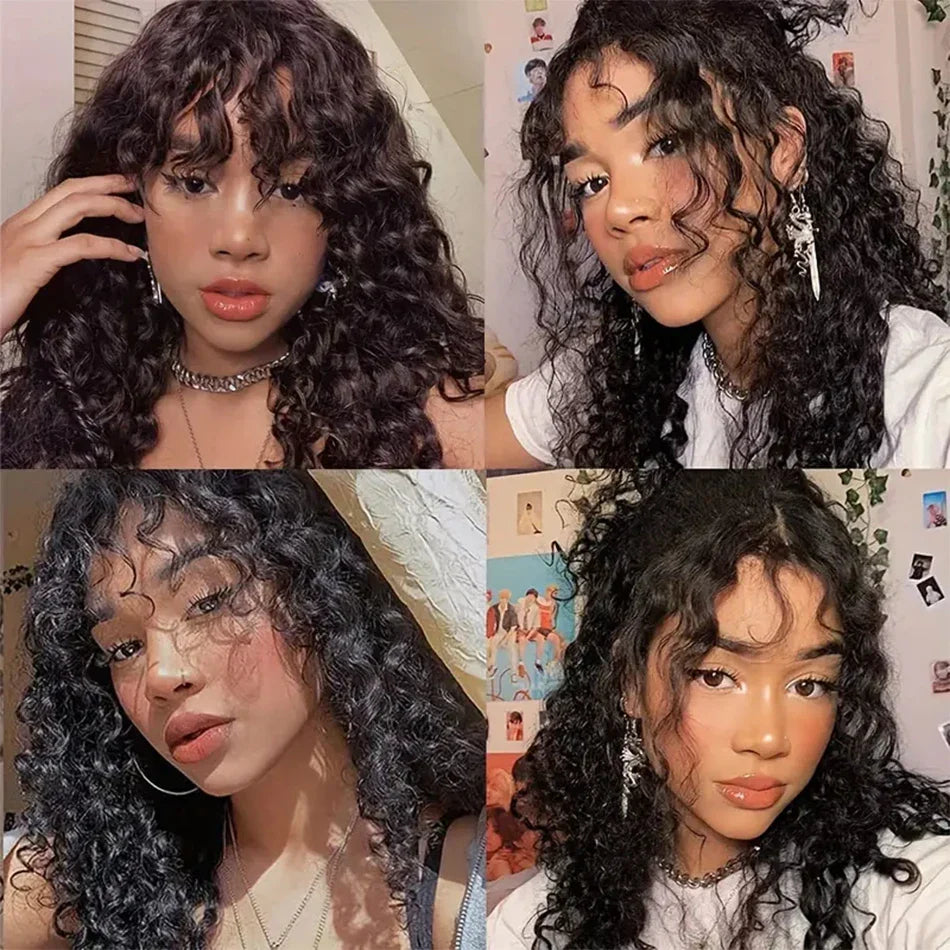 30 Inch Loose Water Wave Wig with Bangs | Full Machine Made Brazilian Remy Human Hair (Natural, All Colors Dyeable)