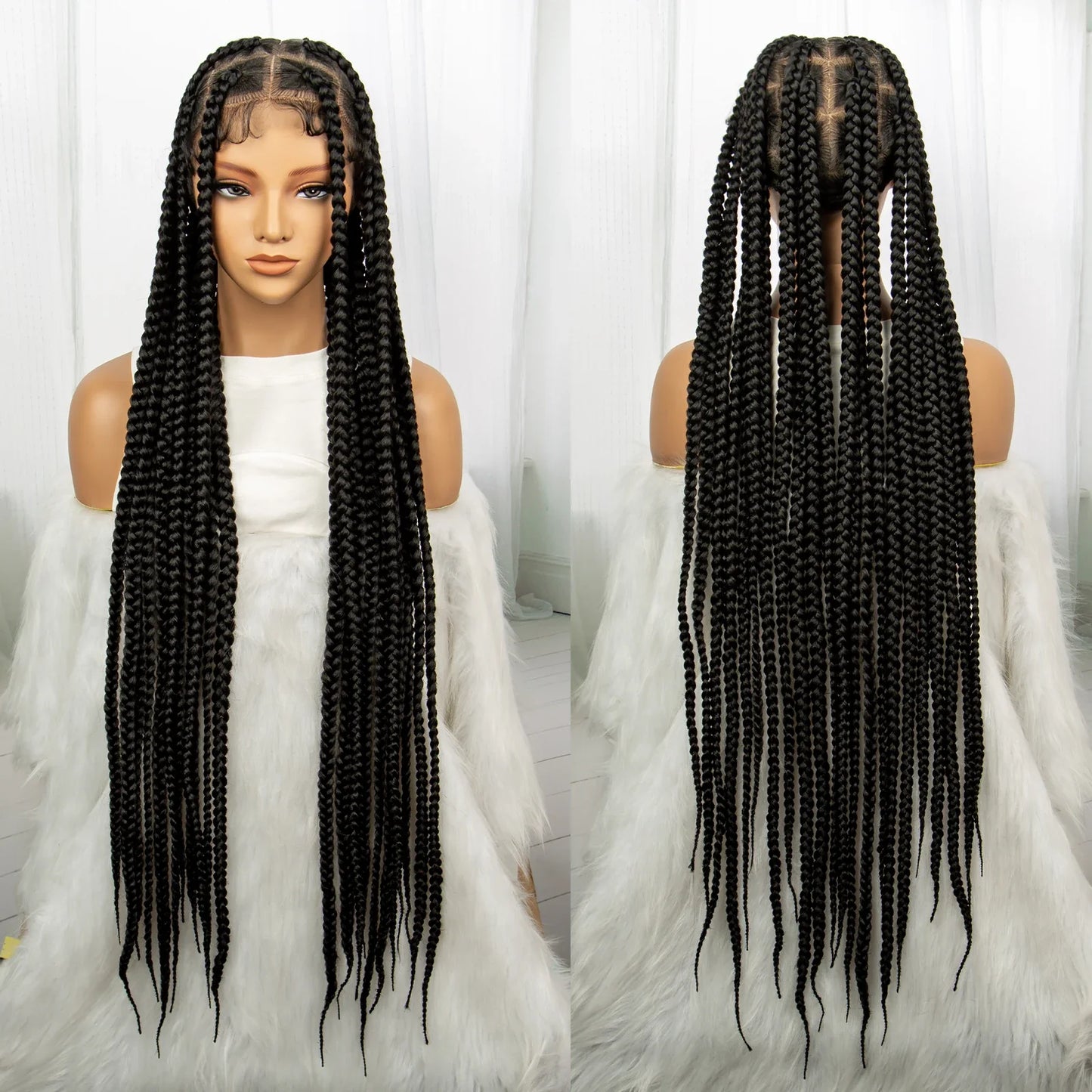 34" Knotless Box Braids Full Lace Wig | Long Black Synthetic Braids | Transparent Lace
