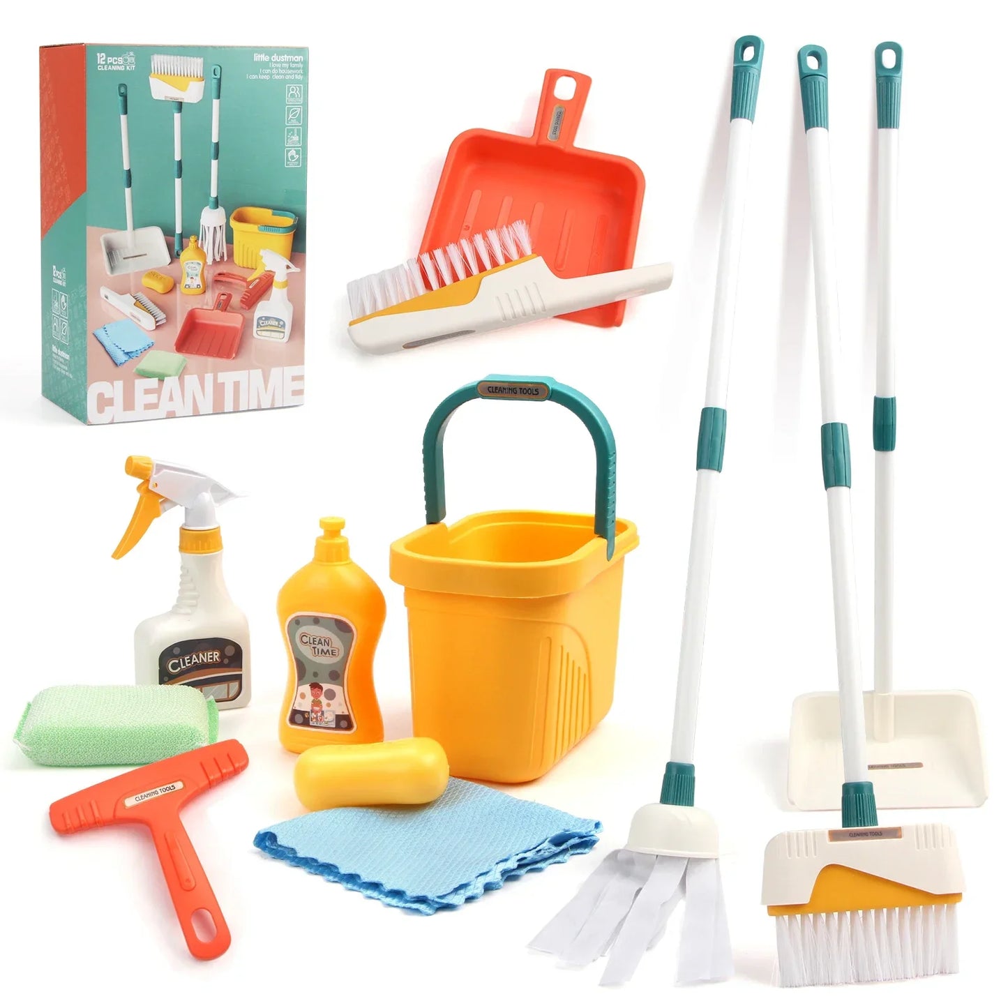 12pcs/set Kids Cleaning Set Housework Supplies Kit Play House Toys with Dustpan Broom Bucket Mop Cleaning Set for Girls & Boys