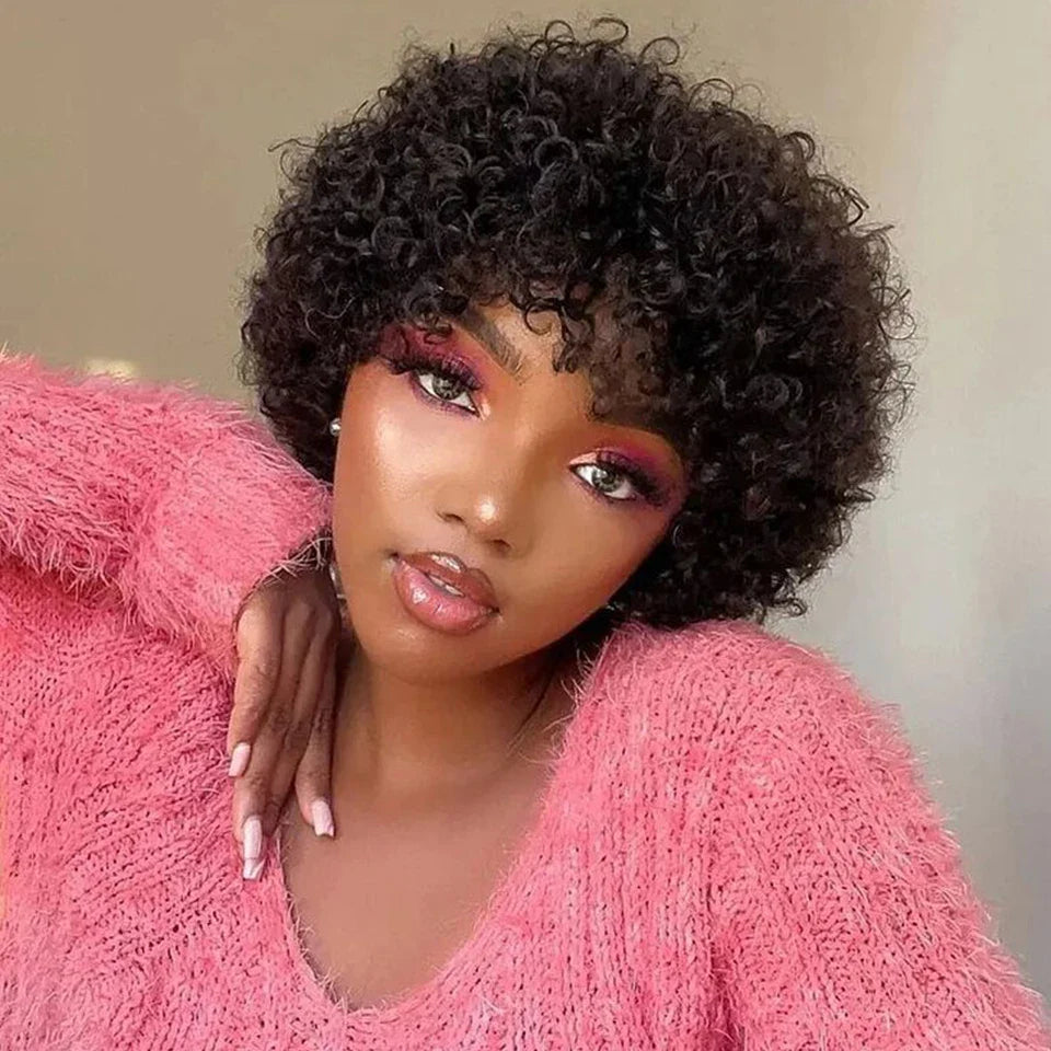 Sleek Malaysian Afro Kinky Curly Pixie Bob Wig | Glueless Natural Brown 99J with Bangs