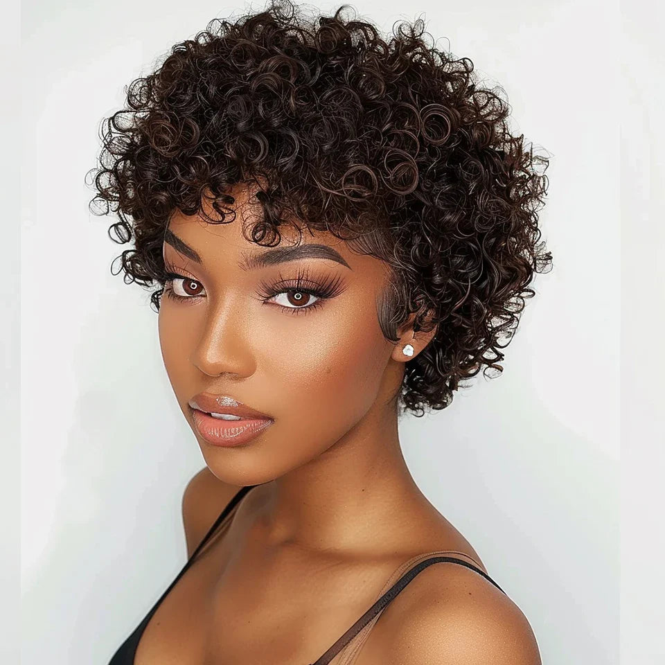 Brazilian Short Pixie Bob Afro Kinky Curly Wig with Bangs | Full Machine Made Human Hair (Natural Brown & 99J)