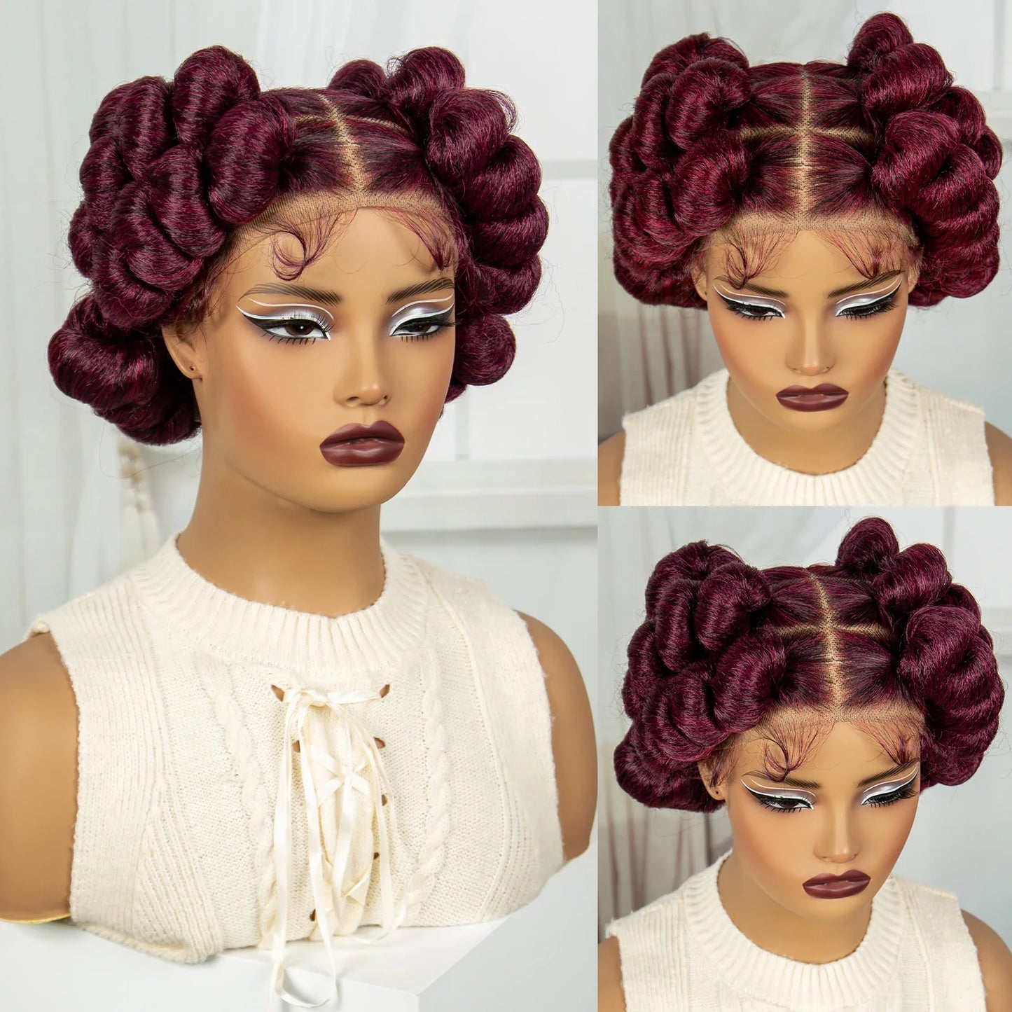Ginger Orange Bantu Knotless Braids Wig | Short Cute Handmade | Full Lace