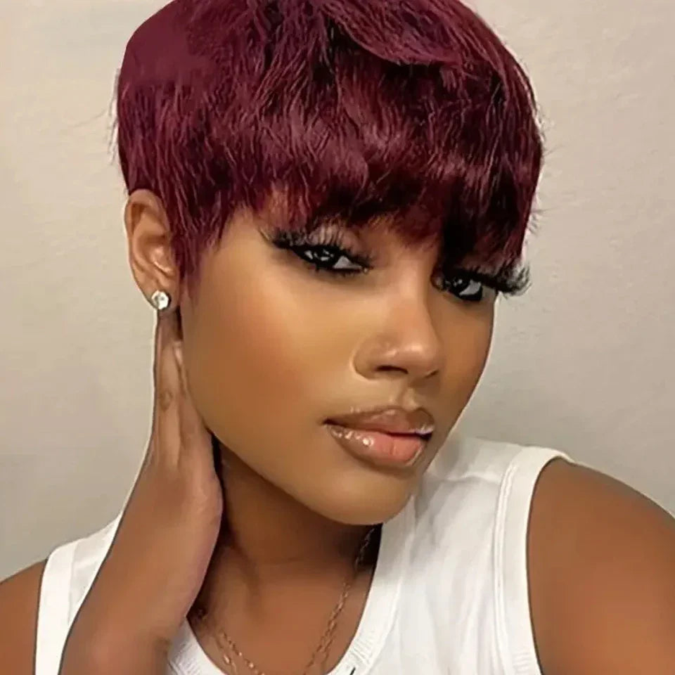 Rebecca Short Straight Pixie Bob Wig with Bangs | Glueless Brazilian Human Hair (Black & Brown)