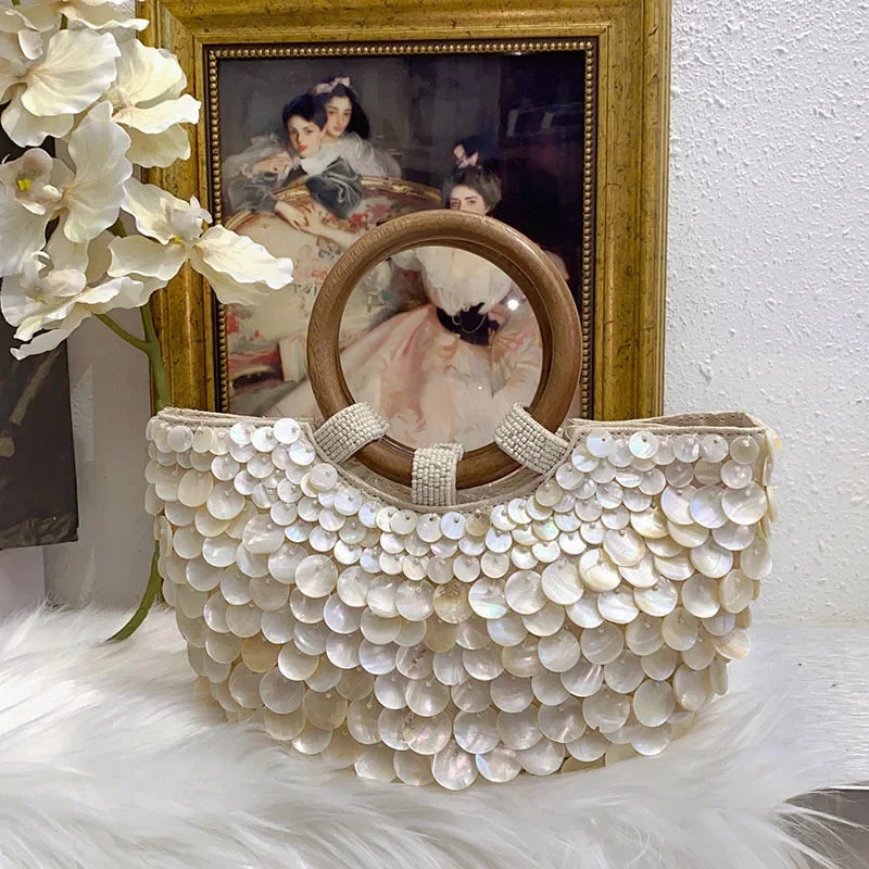 Brand Exquisite Double-sided Shell Handbag | Luxury Handmade Large Capacity Shell Crossbody Clutch Bag (Wooden Handle & Tote)
