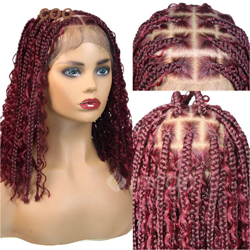 12" Bohemian Cornrow & Knotless Box Braids Bob Wig | Curly Goddess Ends | Full Lace Front