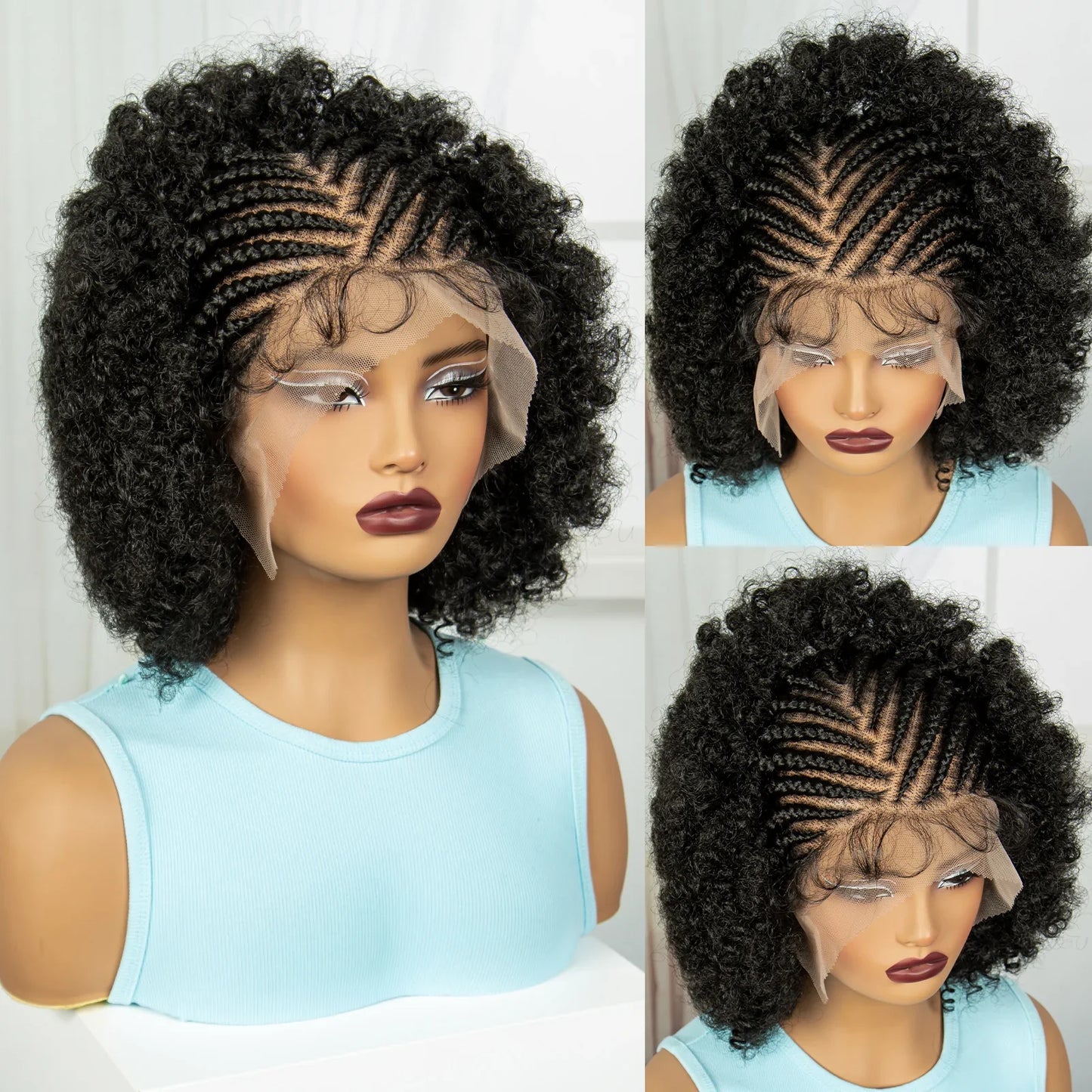 Afro Kinky Curly Cornrow Braids Wig | Full Lace | Baby Hair | Natural Look