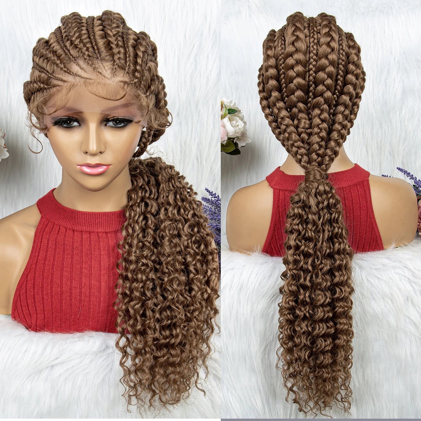 Curly Ends Cornrow Box Braids Wig | Handmade Lace Front | Baby Hair