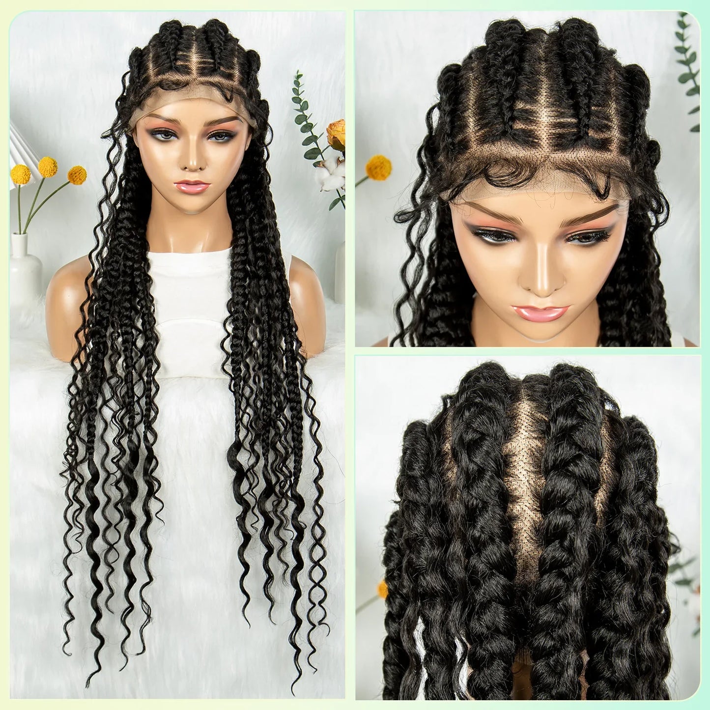 Cornrow Braided Wigs Synthetic Transparent Full Lace Wig With Baby Hair Braiding Wig Boho Cornrow Wig Curly End For Black Women