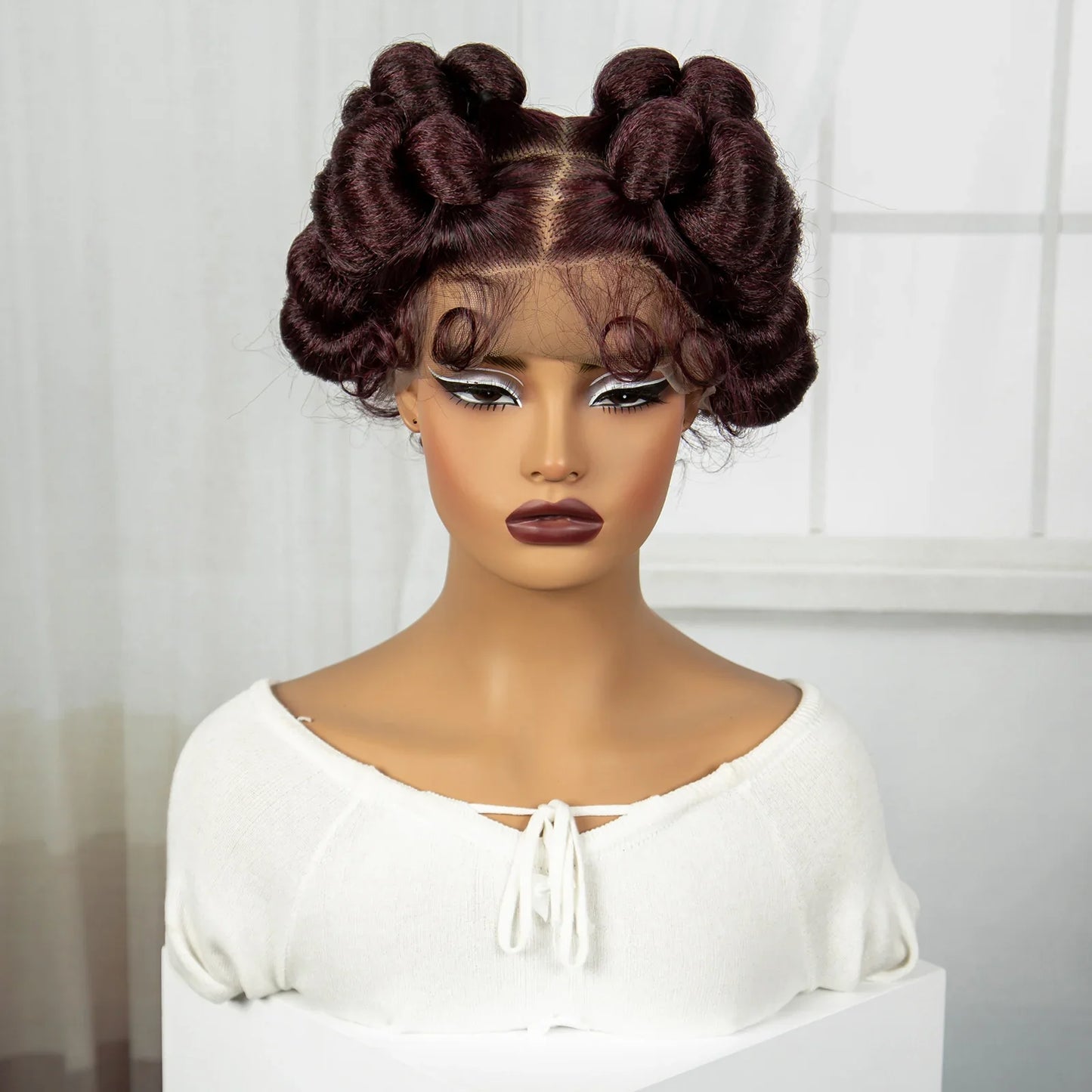 Short Cute Burgundy Bantu Knotless Braids Wig | Full Lace Handmade