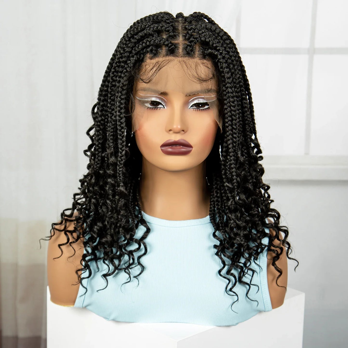 Short Ombre Boho Knotless Braids Bob Wig with Curly Ends | Full Lace