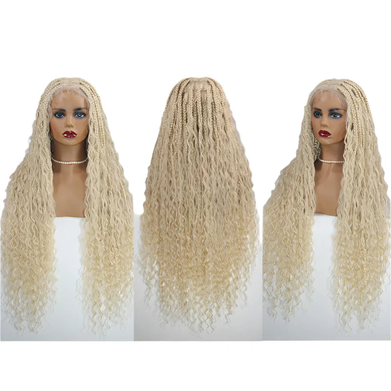 Burgundy Boho Box Braids Wig | Curly Goddess Locs | Full Lace Front | Synthetic Hair | Women