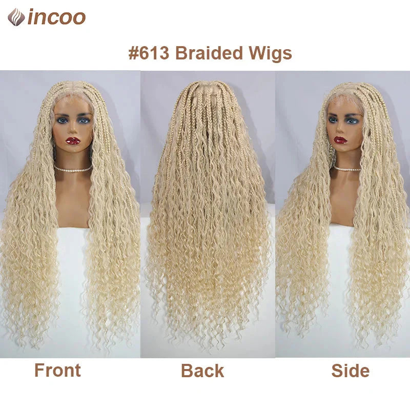 613 Blonde Boho Box Braids Wig | Curly Ends | Full Lace Front | Goddess Locs Accents
