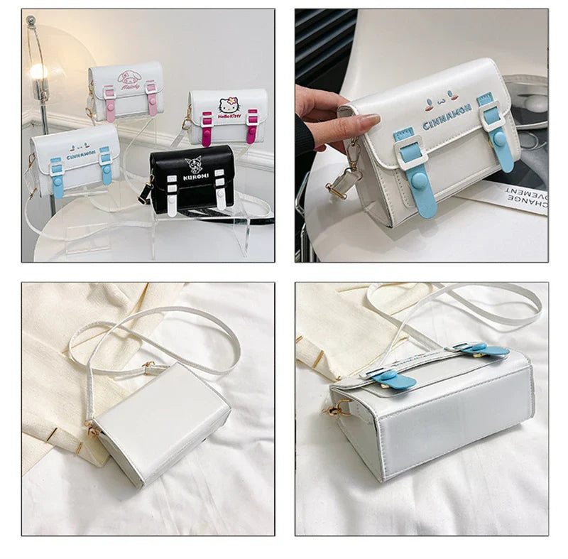 Sanrio Kawaii Hello Kitty My Melody Kuromi Cinnamoroll Square Shoulder Bags | PU Cartoon Fashion Simple Satchel Crossbody Bag (Gift)