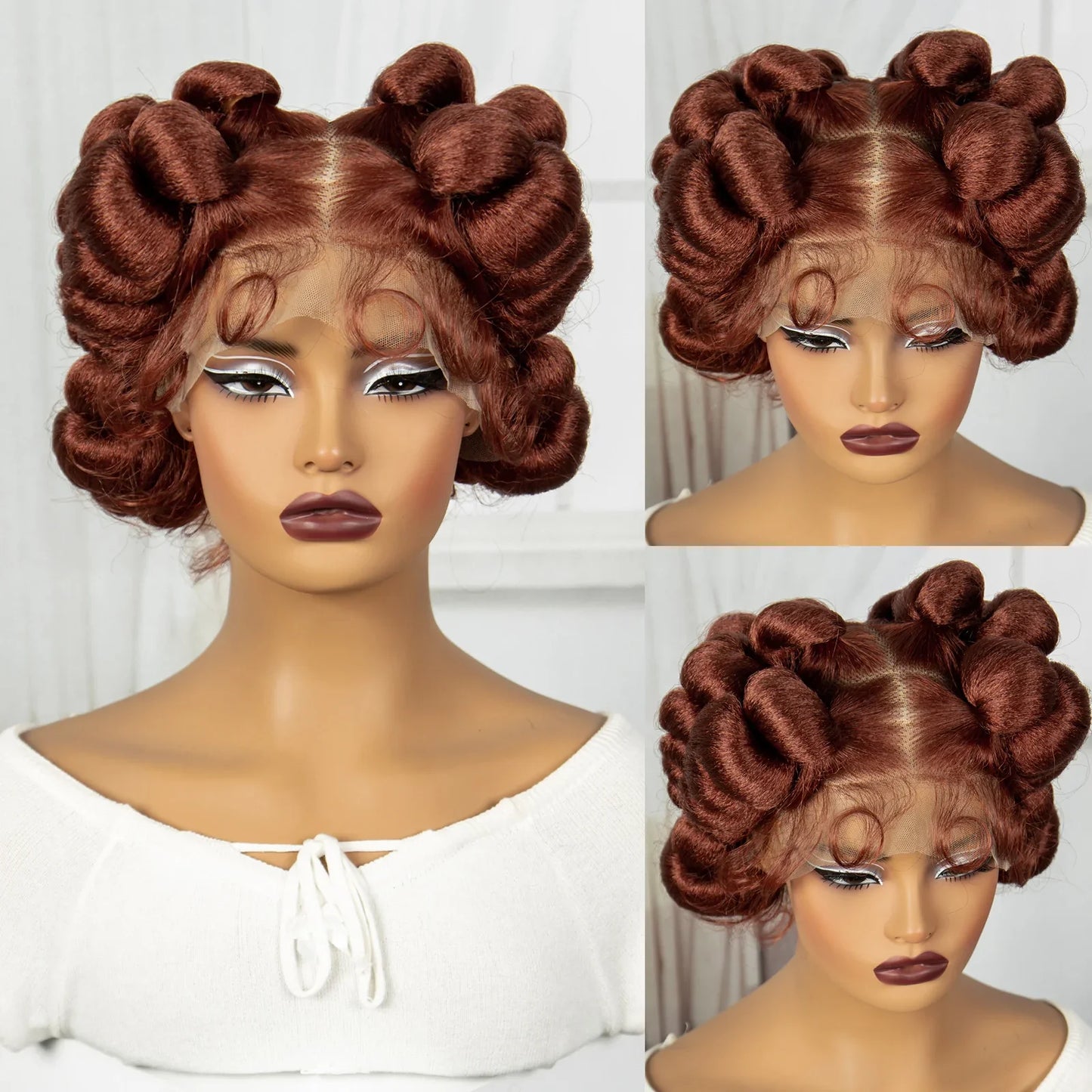 Ginger Orange Bantu Knotless Braids Wig | Short Cute Handmade | Full Lace