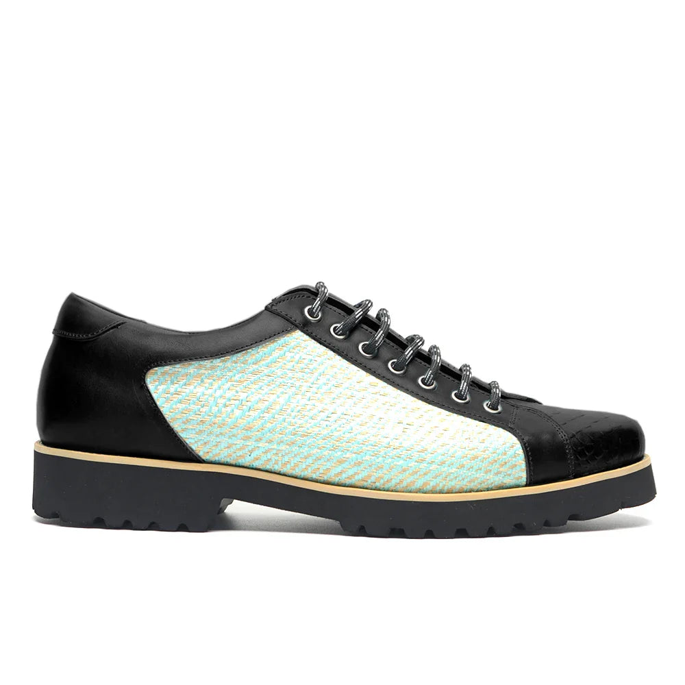 British Style Designer Men's Genuine Leather Derby Shoes | Duotone Hand-Painted Plaid Casual Sneakers (Height Increasing)