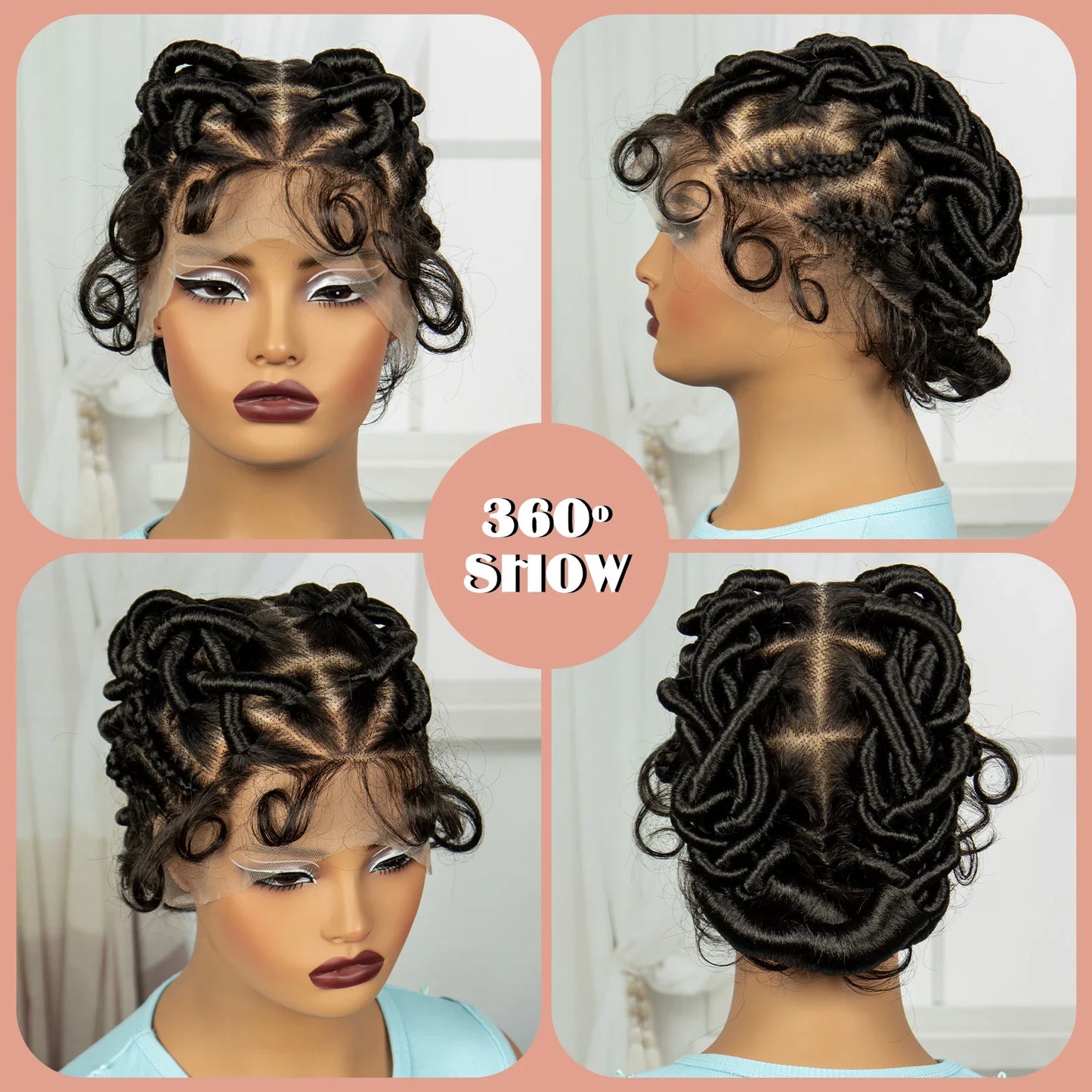 Burgundy Full Lace Synthetic Braided Wig | Knotless Box Braids & Bantu Knots | Lace Front Wig with Baby Hair for Black Women