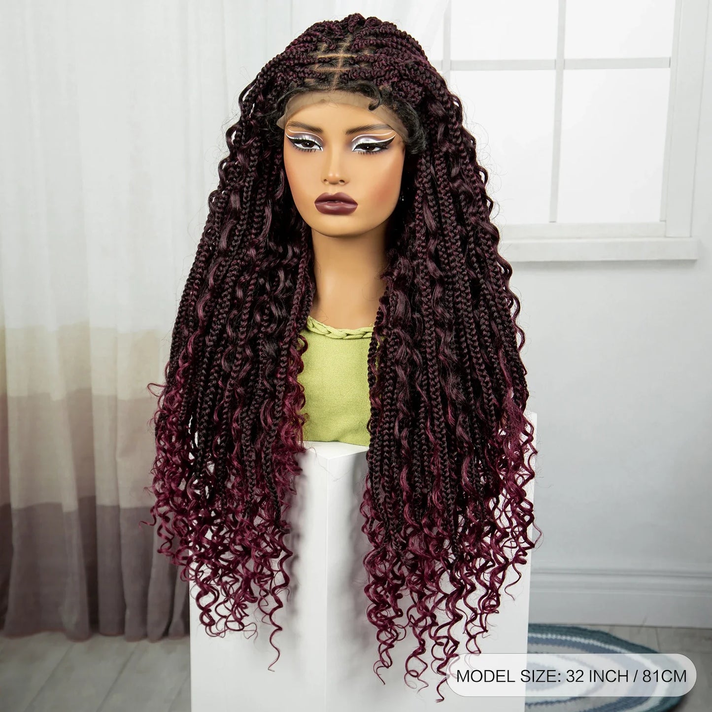 Burgundy Boho Knotless Braids Wig | Curly Ends | Lace Front | Baby Hair