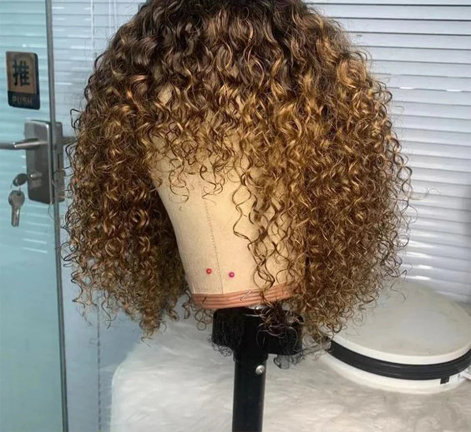 Brazilian Jerry Curly Human Hair Bob Wig with Bangs | Natural Highlight Honey Water Wave Kinky Curly Wigs for Women